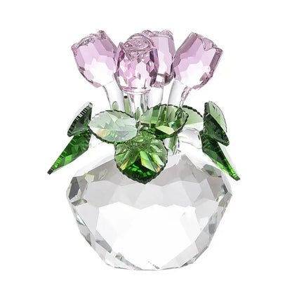 A sparkling crystal rose flower dreams glass paperweight bouquet with faceted pink and green gemstone flowers for decor