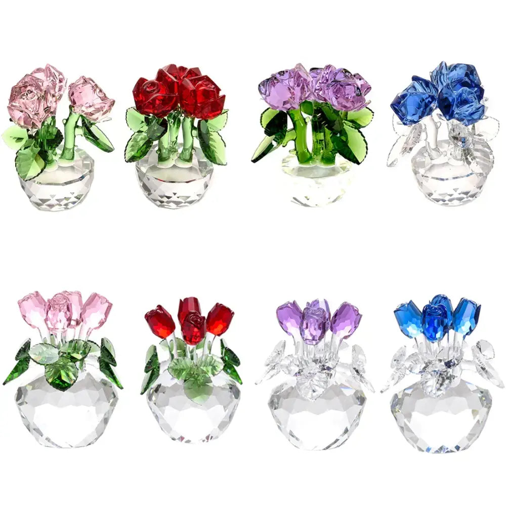 Crystal rose flower dreams glass paperweight bouquet with pink red purple and blue rose flower figurines in faceted vases