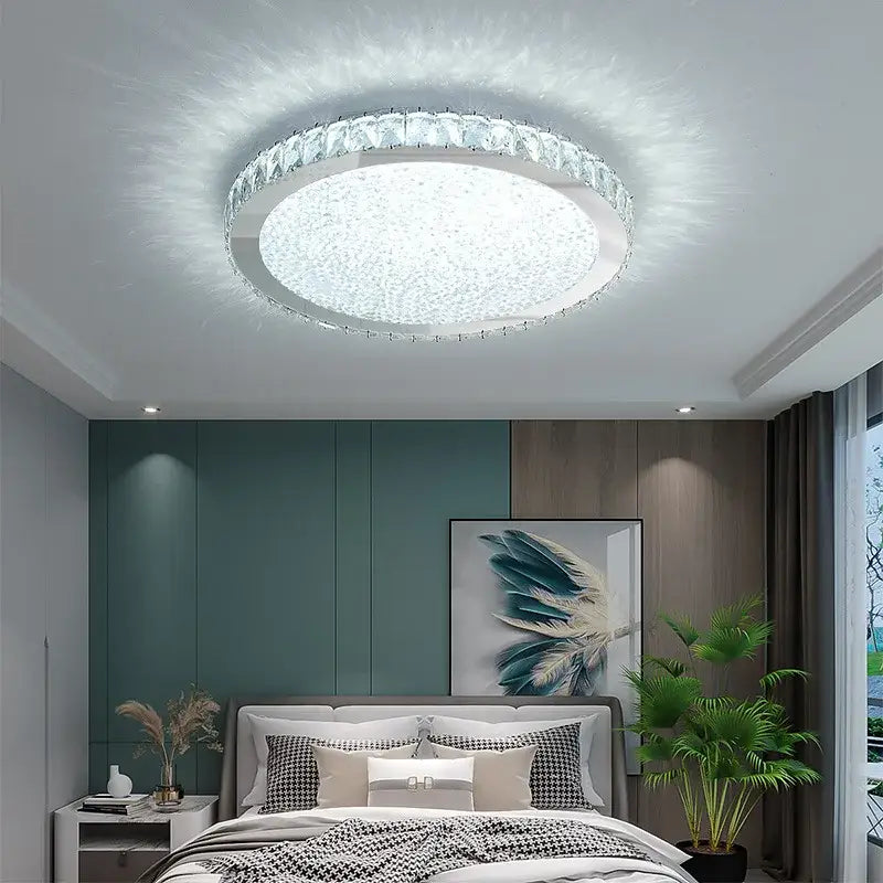 Crystal round ceiling lamp with frosted glass and sparkling crystal rim emitting soft white light for living room decorbites ceiling lamp