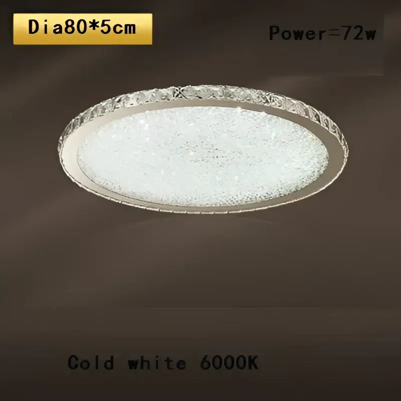 Crystal round ceiling lamp with a frosted glass center and crystal-encrusted frame emitting cold white light