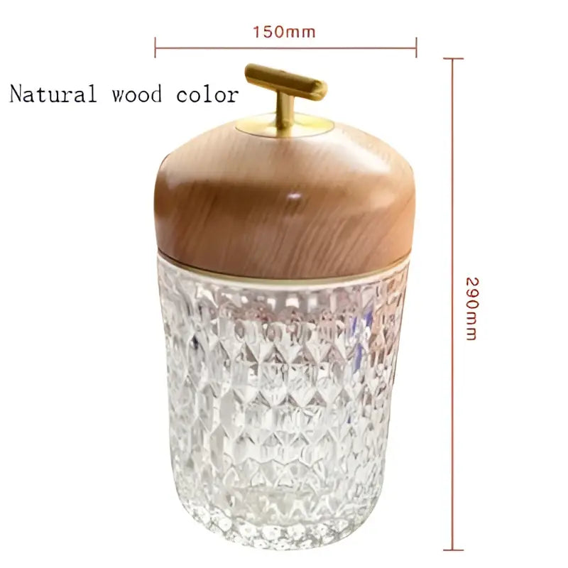 Crystal table lamp with clear textured glass jar, wood lid, and brass knob for bedroom night light use
