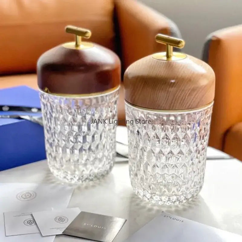 Two elegant crystal table lamps with faceted glass bodies, wooden lids, and brass handles for bedroom night light