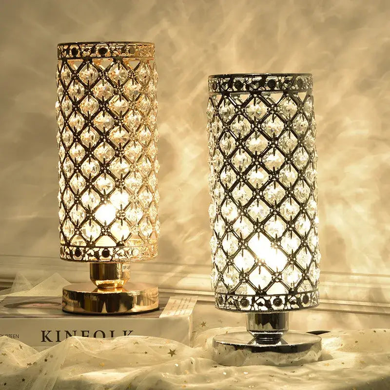 Two elegant decorbites crystal touch bedside lamps with gold and silver chrome lattice bases and diamond-patterned glass panels