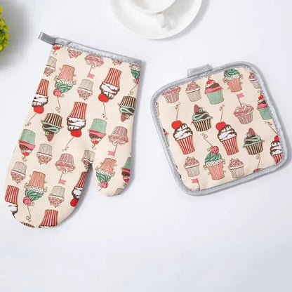 Cream-colored decorbites cotton kitchen baking gloves and pot holder set with cupcake and ice cream cone pattern
