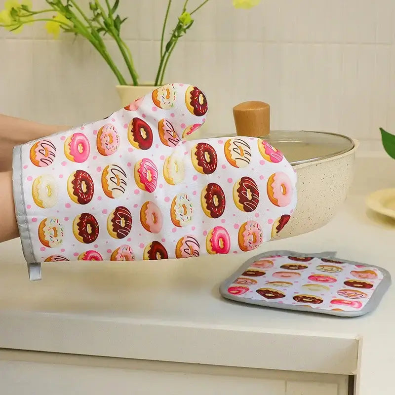 White cotton kitchen baking oven mitt with colorful donut pattern from decorbites cotton kitchen set