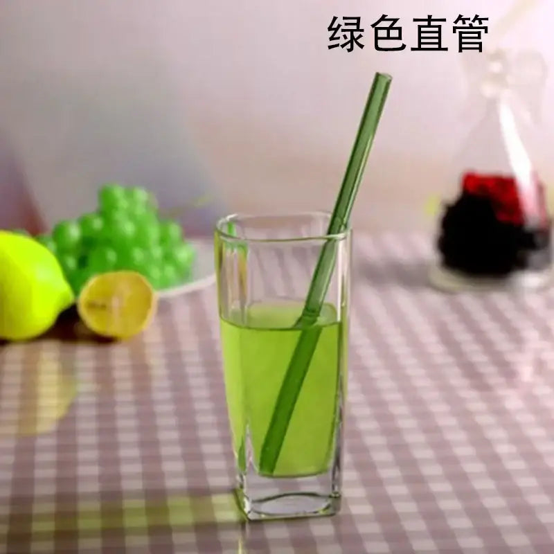 Green straight glass drinking straw accessory complementing curved amber glass drinking straw for kitchen use