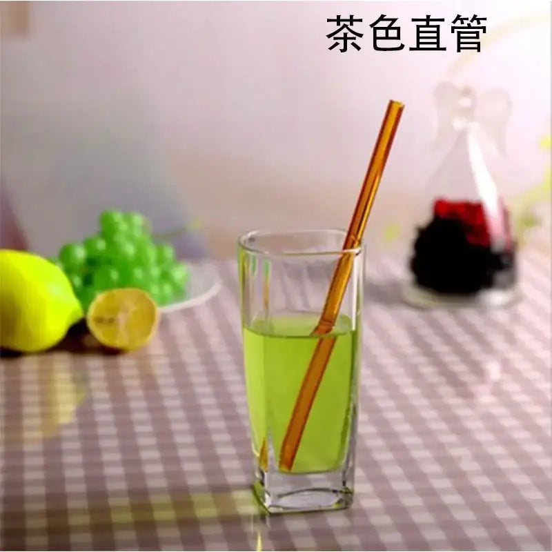 Curved amber glass drinking straw in tea color for eco-friendly glass drinking and kitchen use