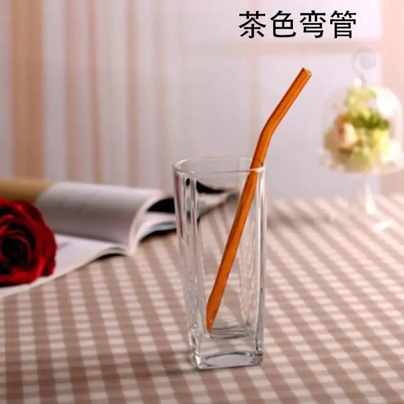 Curved amber tea-colored glass drinking straw kitchen accessory for eco-friendly glass drinking use