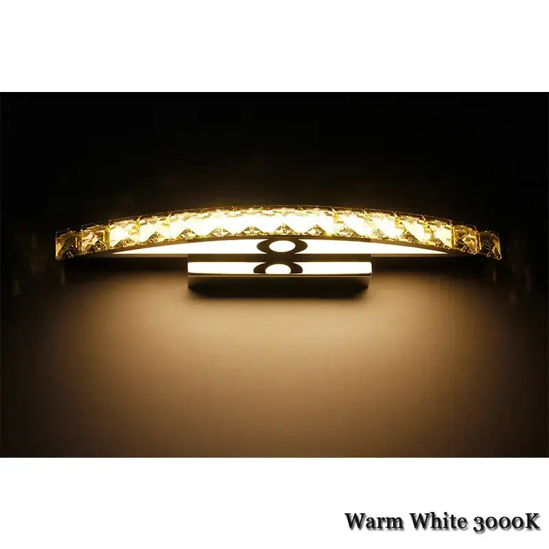 Curved chrome amber crystal bathroom wall sconce light with faceted crystals and dual circular led lights for bathroom wall sconce use