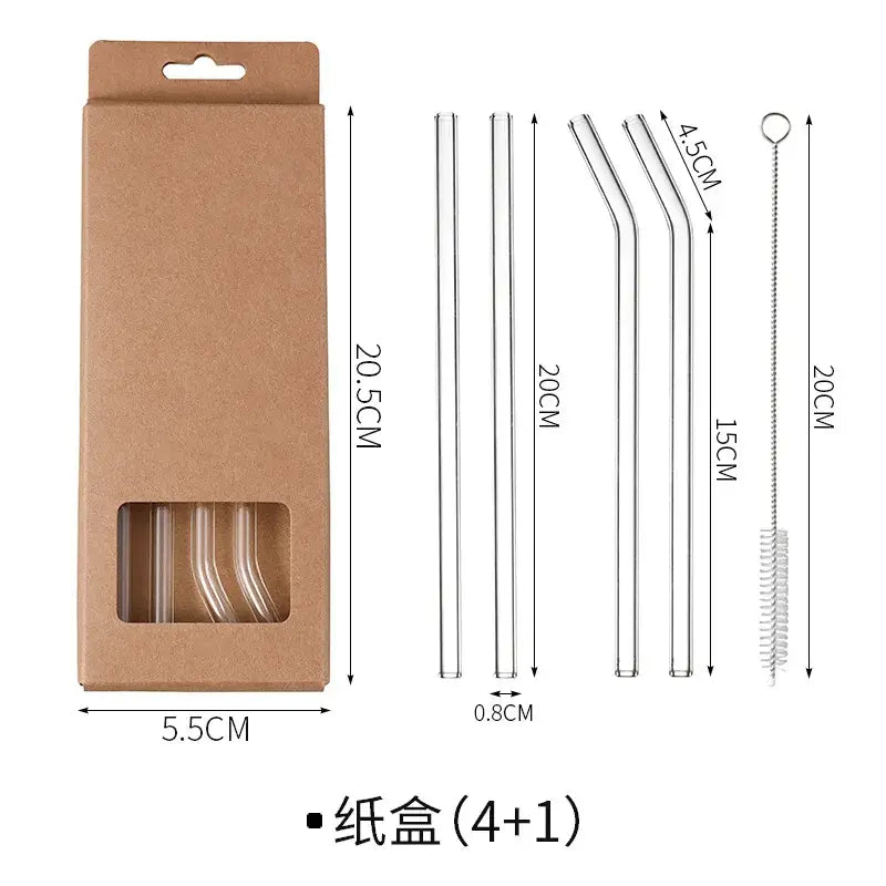 Set of curved clear decorbites glass straws in varying lengths with metal cleaning brush for reusable eco friendly use