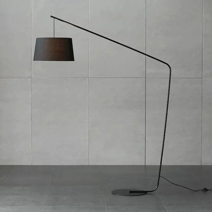 Modern black metal led floor lamp with curved design and dark brown fabric shade for living room and bedroom lighting