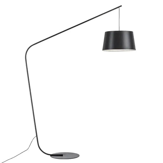 Curved matte black led floor lamp with sleek metal arm and cylindrical shade for living room and bedroom lighting