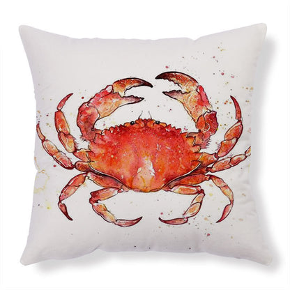 Red crab throw pillow with watercolor design on white background featuring high-definition digital printing for home decor