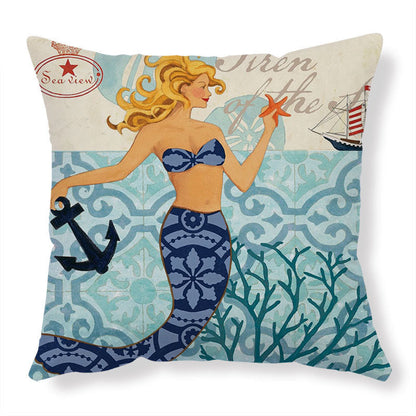Mermaid-themed navy and white throw pillow with anchor and starfish featuring high-definition digital printing for home decor