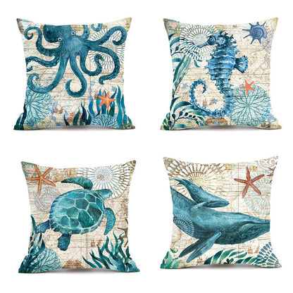 4-pack ocean-themed cushion covers with sea turtle designs in blue green white beige featuring high-definition digital printing