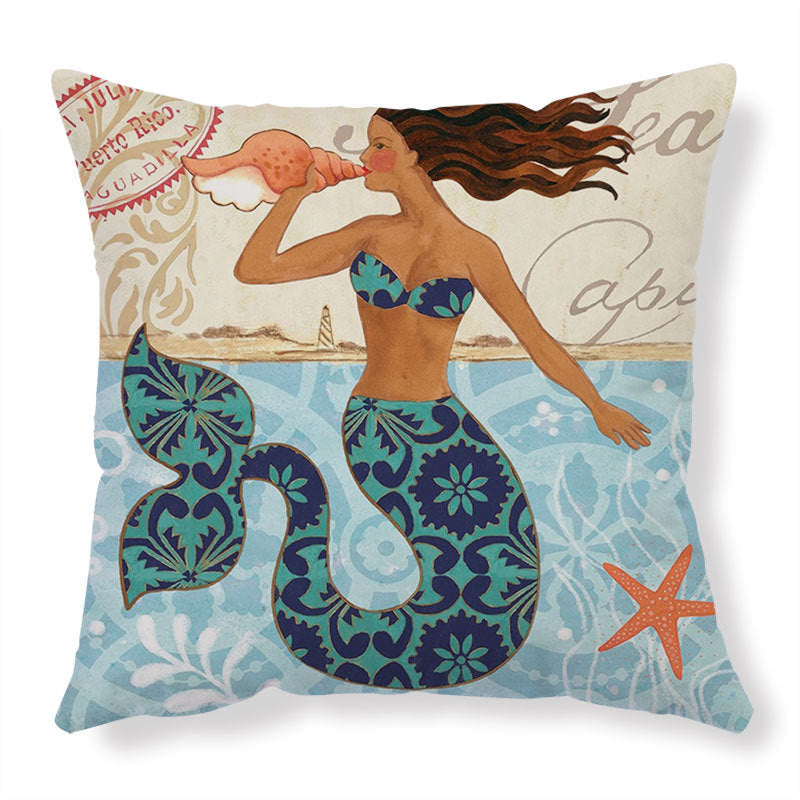 Cushion cover featuring a mermaid with blue and teal tail and starfish design using high-definition digital printing for home decor