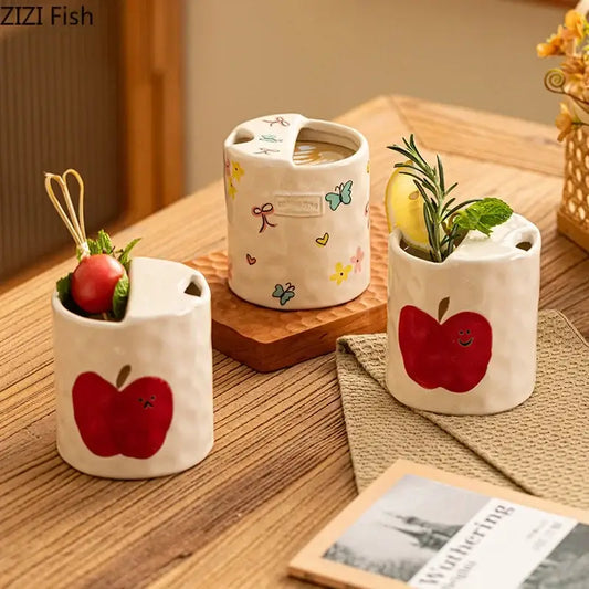 Ceramic coffee mug with cute apple faces and colorful floral decorbites bowknot pattern for dining room use