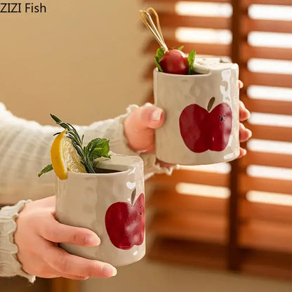 Ceramic white matte coffee mug with cute red apple decals and decorbites bowknot pattern for dining room use