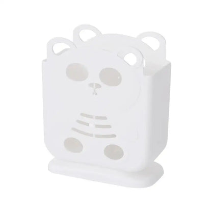White plastic bear-shaped cutlery organizer stand with cut-out face and rounded ears for kitchen storage decorbites cutlery organizer