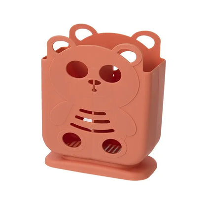 Cute coral plastic bear-shaped cutlery organizer stand with cut-out eyes and feet for kitchen storage decorbites