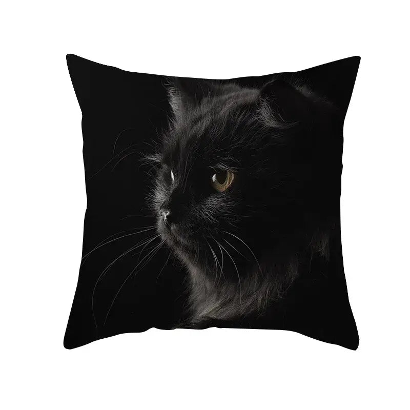 Black cat throw pillow featuring a high-contrast photographic print with striking golden eyes for decorbites black cat pillowcases decor