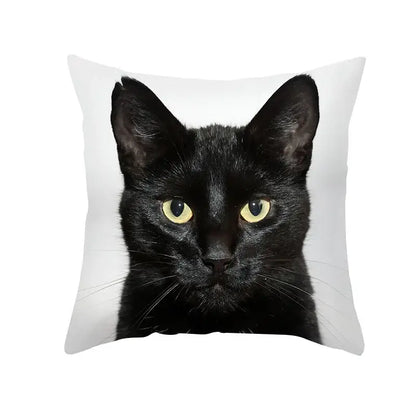 White throw pillow with a close-up black cat print and vivid yellow eyes for decorbites black cat pillowcases