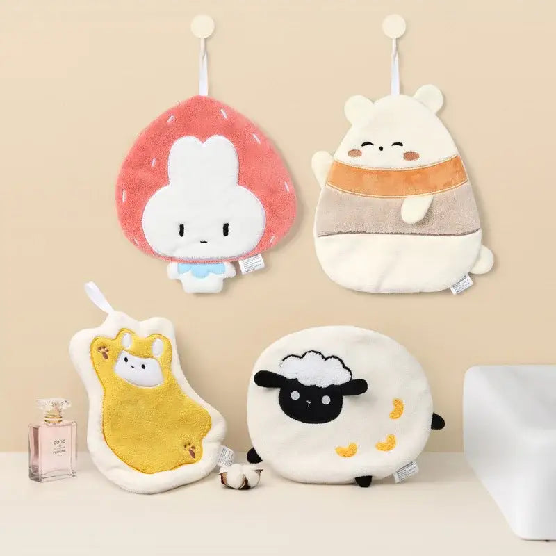 Cute cartoon animal hand towel in soft pastel colors made of coral fleece for kitchen and bathroom use