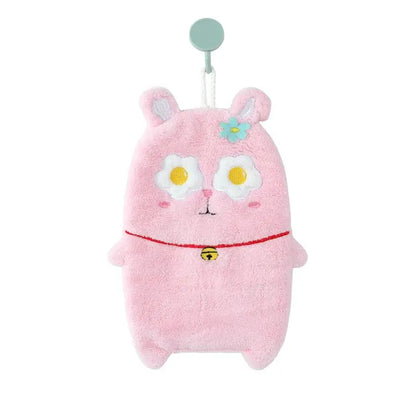 Cute cartoon animal hand towel pink plush bunny with embroidered eyes blue flower and red collar with golden bell