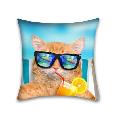 Square throw pillow case featuring a cute cat anime orange tabby wearing sunglasses and sipping lemonade for bedroom use