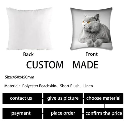 Custom-made square pillow case with black-and-white gray british shorthair cat anime print on polyester peacheskin