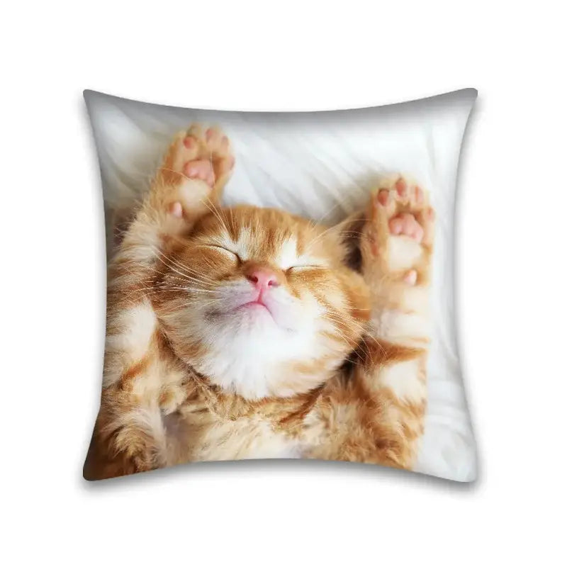 Cozy square pillow case with a cute cat anime design of an orange tabby cat sleeping for bedroom and living room