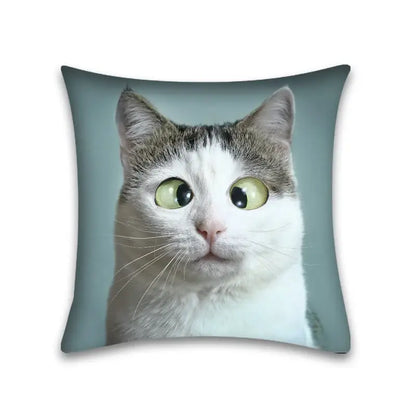 Square cushion pillow case featuring a cute cat anime design of a white and gray tabby with green eyes on teal background