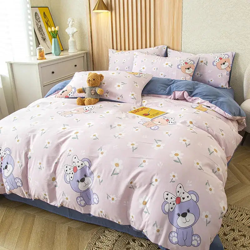 Pink and blue teddy bear-themed bedding set with cute cat bear print and floral patterns for bedroom decor