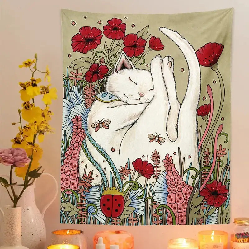 A soft olive green cream tapestry featuring a cute cat botanical flower design with white cat and red poppies for bedroom wall art