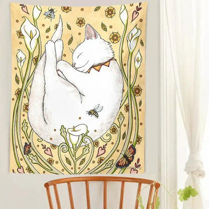 A cream-colored soft tapestry featuring a cute cat botanical design with a white cat and floral garden for bedroom wall art