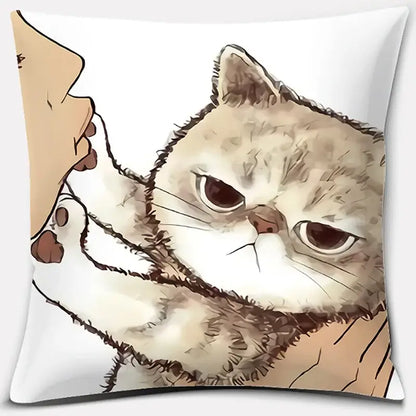 White throw pillow featuring a cute cat kiss illustration of an angry fluffy cat with cream fur for cat kiss love decor