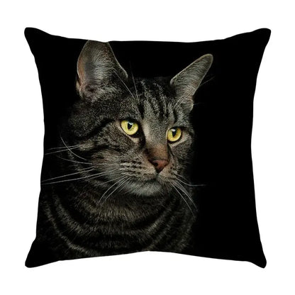 Black throw pillow featuring a detailed tabby cat print with yellow eyes made of cat sofa cotton linen for living room use