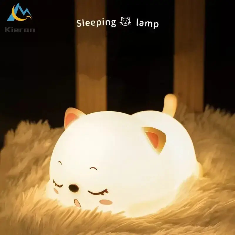 Cute cream cat silicone led night light in white with orange ears and warm light, perfect for bedroom decorbites cat silicone decor