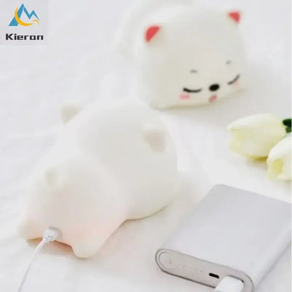 Cute cream cat silicone led night light in white plush with pink ears and cheeks for bedroom decorbites cat silicone use