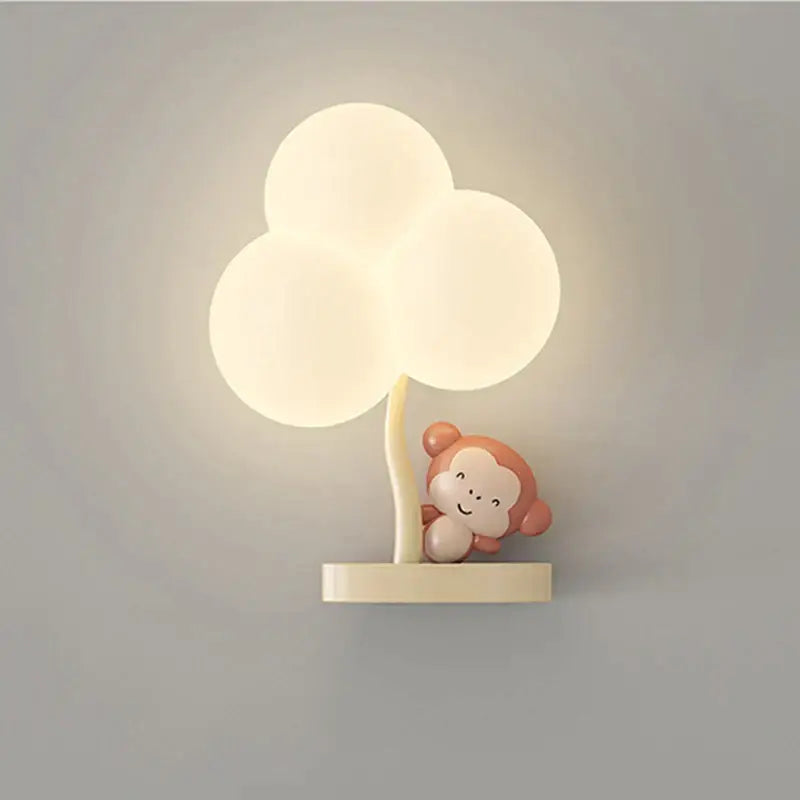Cute cream-colored tree-shaped wall lamp with smiling monkey figurine for bedroom decorbites cloud shape lighting