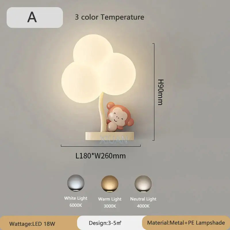 Cute monkey tree wall lamp with cloud shape led light and smiling monkey base featuring three color temperatures decorbites cloud shape