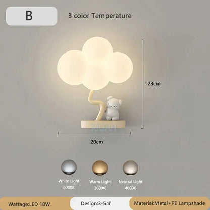 Cute monkey tree wall lamp with cloud shape led light and bear figurine base in metal and pe lampshade by decorbites wall lamp