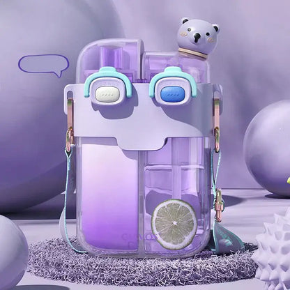 Purple gradient plastic double-bin sippy cup with light blue accents and cute bear face for kids kitchen use
