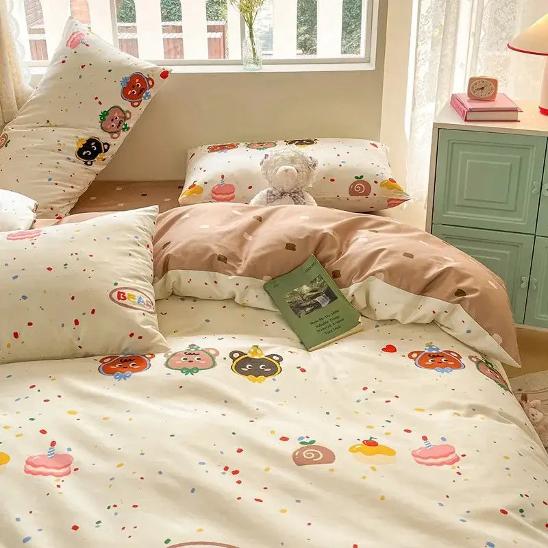 Cute pastel bear cotton bedding set with playful cartoon bear and dessert prints on cream decorbites cotton floral print fabric