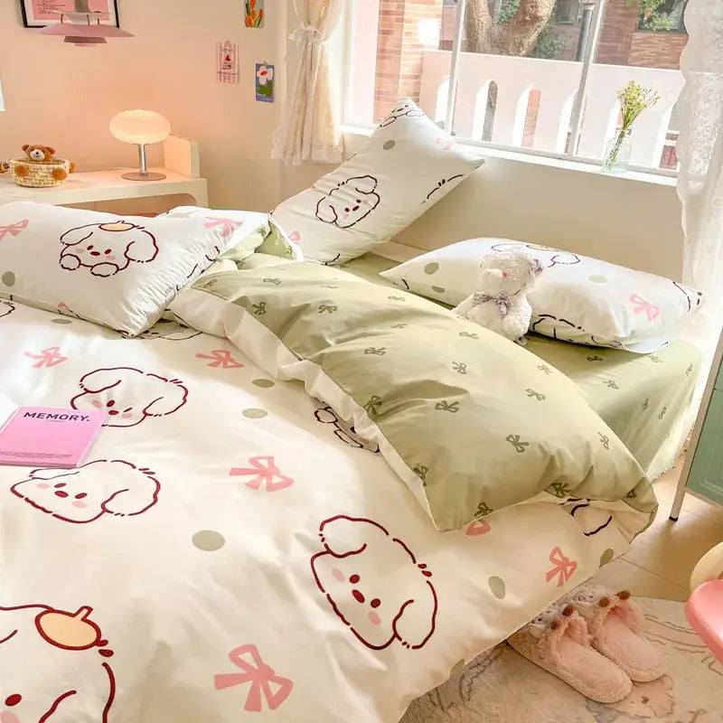 Cute pastel green and white decorbites cotton floral bedding set with adorable cartoon puppy faces and floral print design