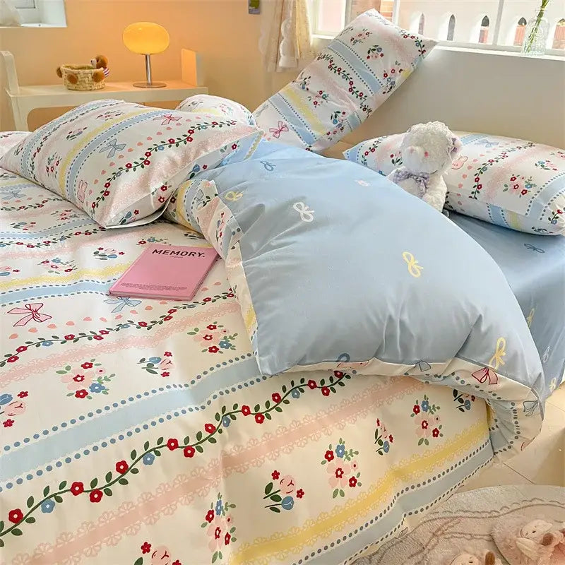 Cute pastel bear cotton bedding set with floral print featuring soft cotton fabric and delicate ribbon accents