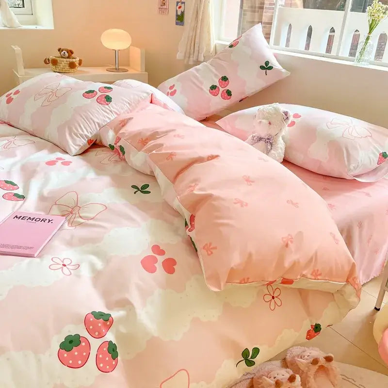 Pink strawberry and bow-patterned decorbites cotton floral bedding set with soft satin-like finish for bedroom decor