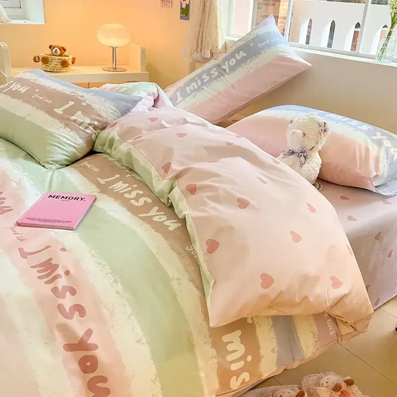 Cute pastel bear cotton bedding set with pastel rainbow stripes floral print and i miss you text decorbites cotton floral