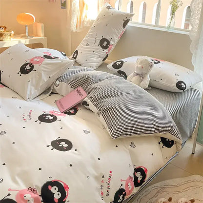 White cotton bedding set with black and pink cartoon characters and subtle checkered floral print by decorbites cotton floral
