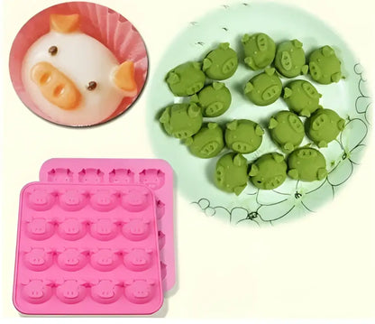 Pink silicone cake mold shaped like a cute pig head for baking and ice cube tray use